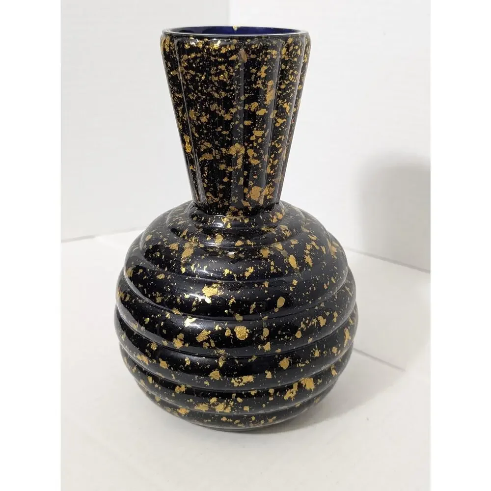 Vintage Cobalt Blue Spatter Speckle Glass Fluted Ribbed Vase